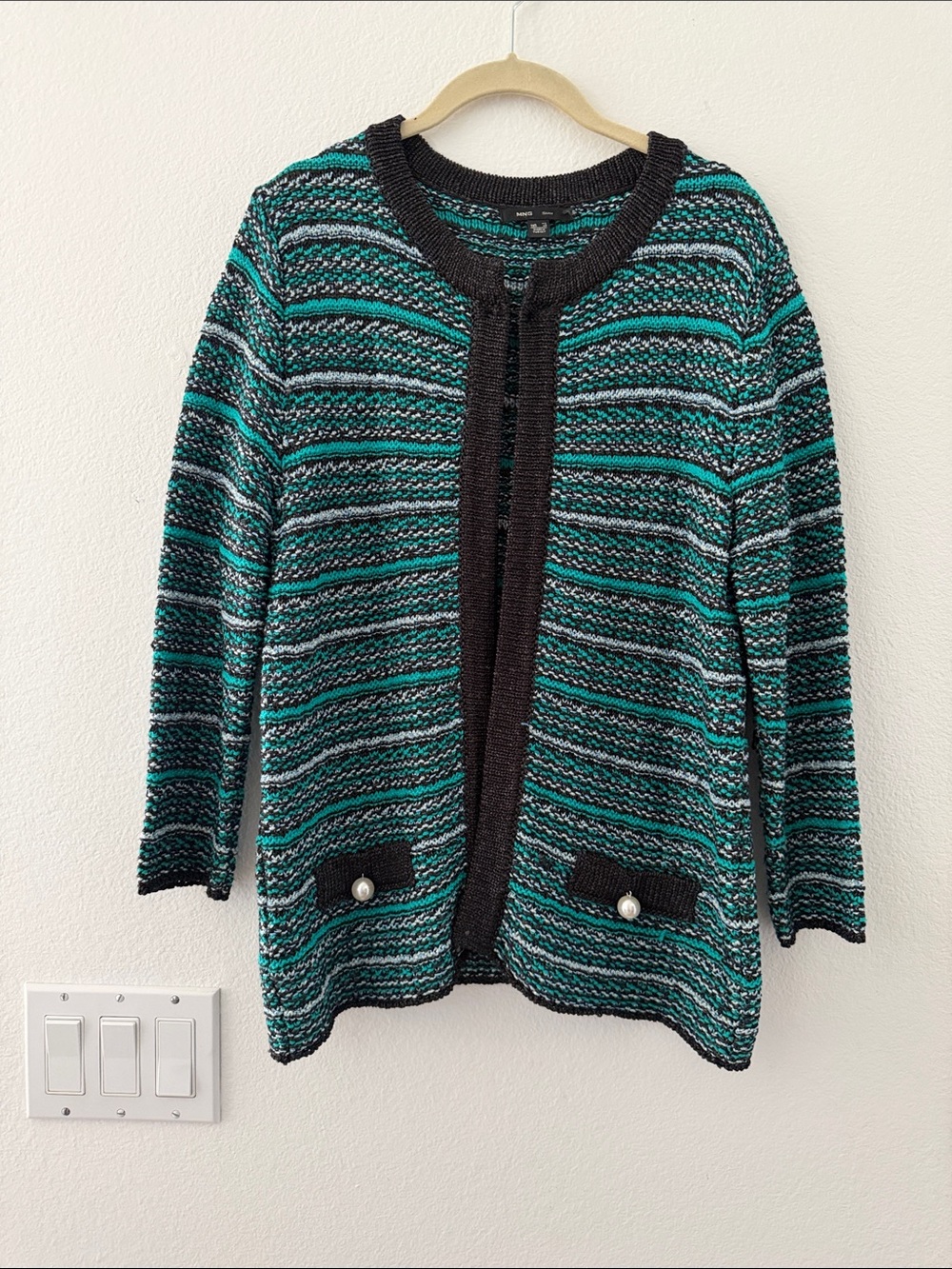 Mango Striped Open-Front Cardigan - Black & Teal